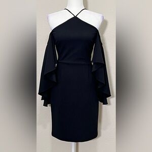 Alexia Admor Black Cocktail Halter Midi Dress Off Shoulder Ruffle Sleeve Size 2